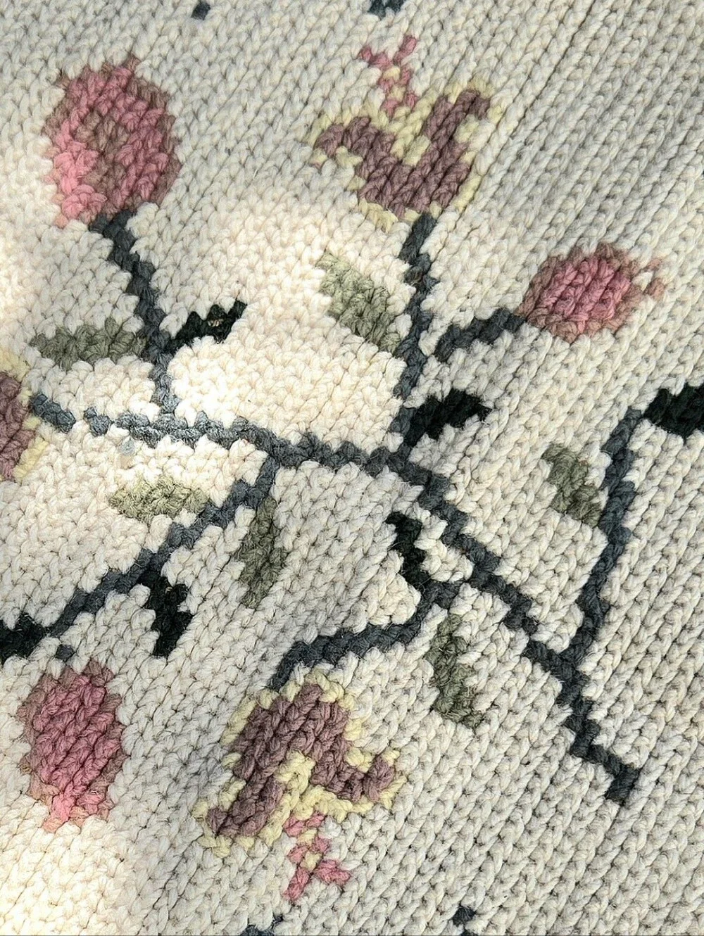 Handknitted Floral Tapestry Pink & Green Fringed Shabby Cottagecore Coquette